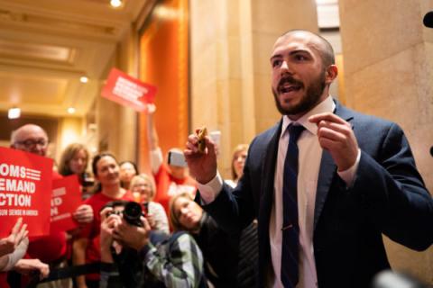 DFL Rep. Hunter Cantrell spoke at a rally at the Minnesota Capitol on Tuesday, Jan. 8, 2019. Evan Frost | MPR News