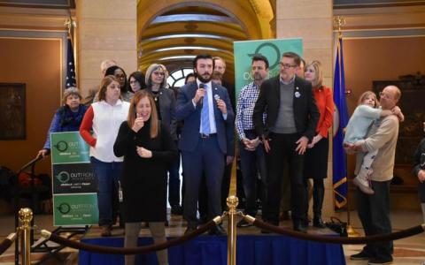 Rep. Hunter Cantrell, D-Savage, along with other Minnesota state lawmakers spoke to attendees at a rally supporting a ban on conversion therapy for minors on Friday, Feb. 14, 2020, at the state Capitol.