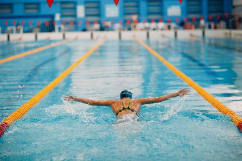 A competitive swimmer doing breaststroke in a swimming pool. 