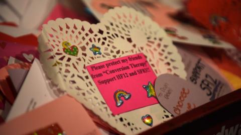 A wagon-load of Valentine’s Day cards urging lawmakers to ban so-called “gay conversion therapy” awaits delivery to lawmakers by advocates at the State Capitol in St. Paul on Wednesday, Feb. 13, 2019. (Dave Orrick) / Pioneer Press)