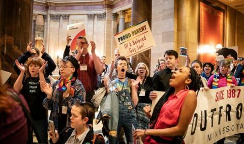Protesters with OutFront Minnesota sang and cheered outside the Capitol’s House chambers in April 2019 as members debated an amendment about banning conversion therapy.https://www.startribune.com/st-paul-city-council-considers-banning-conversion-therapy-for-minors/569179822/