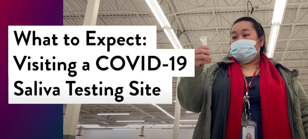 Image of a person holding a COVID-10 saliva test with the text "What to Expect: Visiting a COVID-19 Saliva Testing Site 